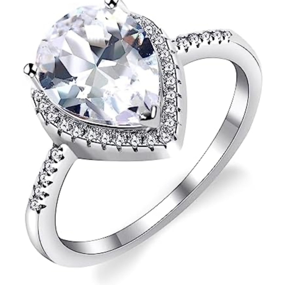 NEW 3 Carat Platinum 925 Sterling‎ Silver Pear Halo Engagement Ring Size 7
